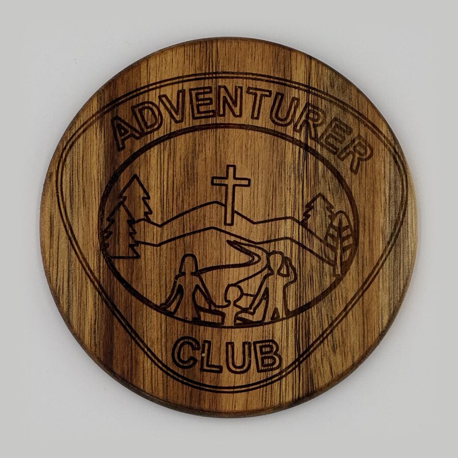 Adventurer Club acacia coaster, line engraved