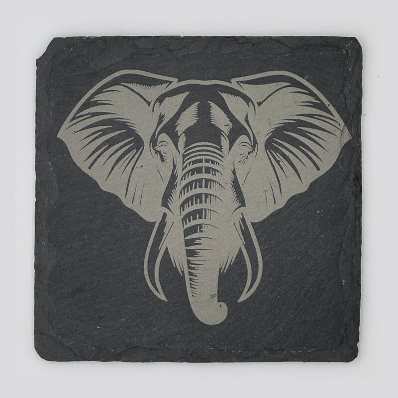 Elephant portrait engraved on a square slate coaster
